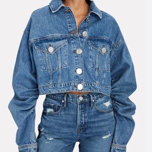 Frame Denim Ruched Sleeve Blue Cropped Jean Jacket